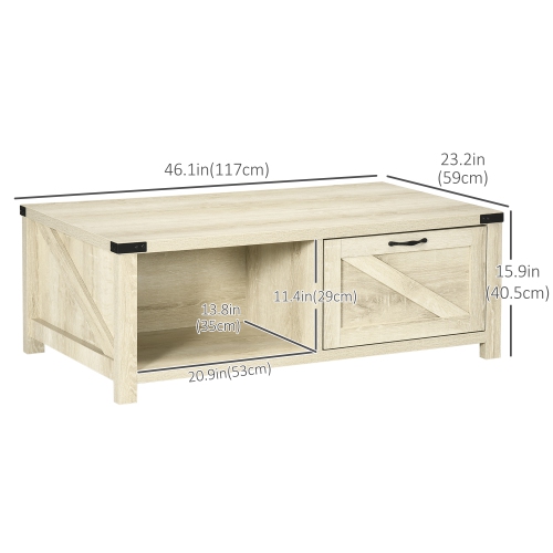 HOMCOM – Table basse Farmhouse avec tiroir et tablette de rangement, table centrale rustique pour salon, salle de réunion, chêne blanc