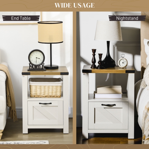 HOMCOM Side Table with Storage, Farmhouse End Table with Drawer, Open Shelf and Barn-style Panel, Nightstand for Living Room, Bedroom, White