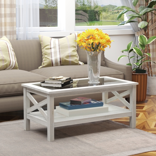 HOMCOM Farmhouse Coffee Table with Tempered Glass Table Top, 2-tier Center Table with Bottom Storage Shelf for Living Room, Bedroom