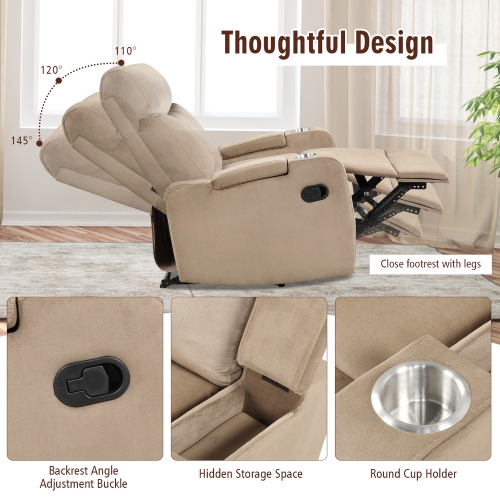 Costway Recliner Chair Single Sofa Lounger with Arm Storage & Cup Holder