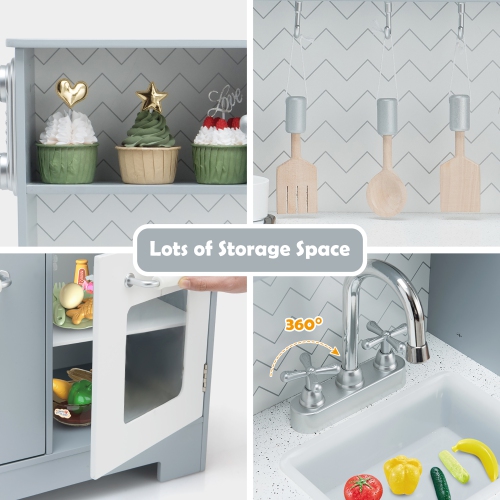 Costway Pretend Play Kitchen Wooden Toy Set for Kids w/ Realistic Light & Sound