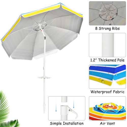 Costway 7.2 FT Portable Beach Umbrella Tilt Sand Anchor Cup Holder W/Carry Bag