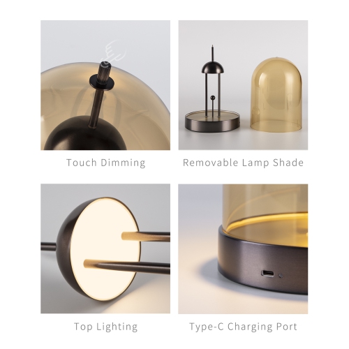 Tubicen Battery Powered Table Lamp, 4000mAh Rechargeable LED Night Light, 4-Level Touch Dimmable Table Light, Decorative Lamp with Removable Shade,