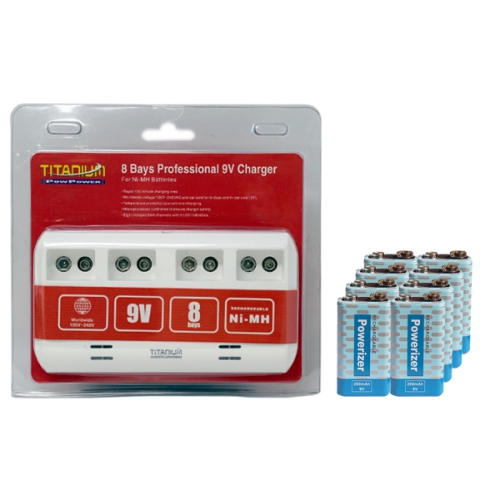 TITANIUM  8 Bay 9 Volt Smart Charger + 8 X 9 Volt Powerizer Nimh Batteries (200 Mah)