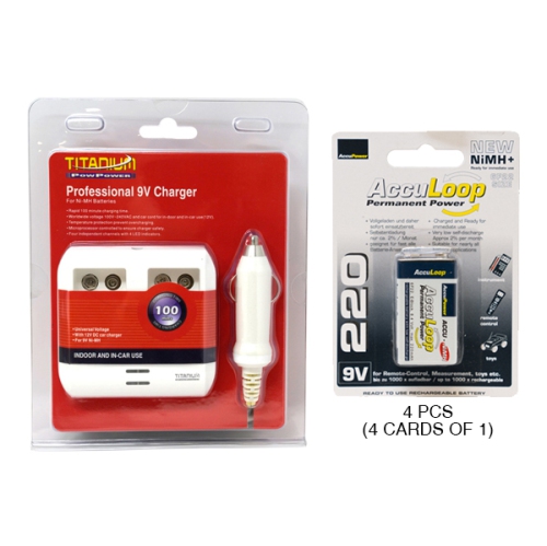 ACCUPOWER  4 Bay 9 Volt Smart Charger + 4 X 9 Volt Acculoop Nimh Batteries (220 Mah)