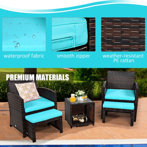 Costway 5PCS Patio Rattan Wicker Furniture Set Sofa Ottoman Cushion Turquoise