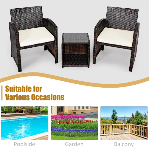 Costway 3PCS Patio Rattan Wicker Furniture Cushion Sofa Coffee Table