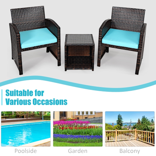 Costway 3PCS Patio Rattan Wicker Furniture Cushion Sofa Coffee Table