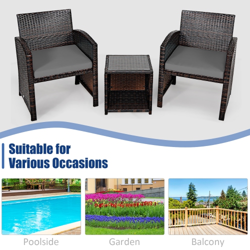 Costway 3PCS Patio Rattan Wicker Furniture Cushion Sofa Coffee Table