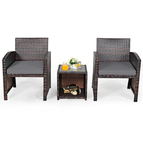 Costway 3PCS Patio Rattan Wicker Furniture Cushion Sofa Coffee Table
