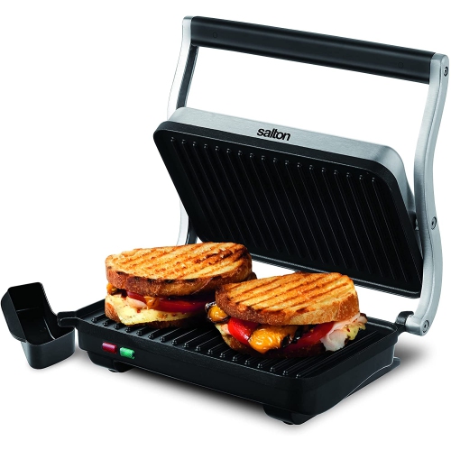 Salton Stainless Steel Electric Panini Press Grill with Floating Hinged Lid - axGear