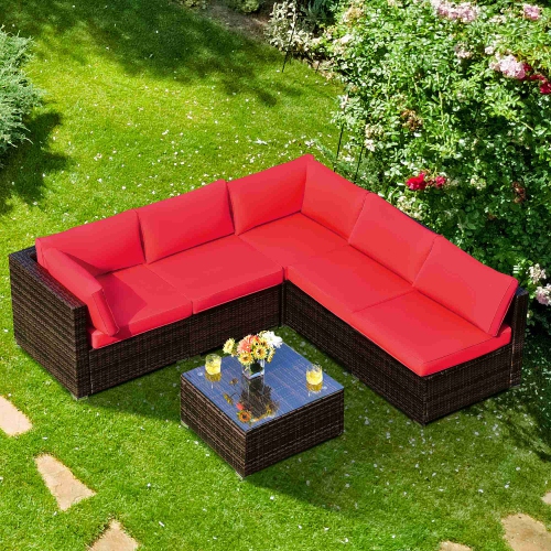 Costway 6PCS Patio Rattan Furniture Set Cushioned Sofa Coffee Table Garden