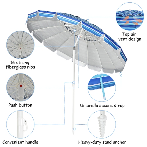 Costway 8 FT Beach Umbrella Outdoor Tilt Sunshade Sand Anchor W/Carry Bag