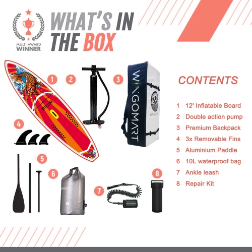 WINGOMART XL 12FT Inflatable Stand up Paddle Board w/Premium SUP Accessories & Carry Bag |upgraded paddle boards w/ 3 Fish Fin for Paddling |Up to 2