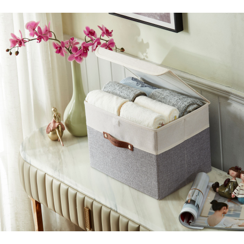 DECOMOMO Collapsible Storage Bin with Lid [3-Pack] Sturdy Cationic Fabric Basket W/Handles for Organizing Shelf Nursery Home Closet |15 x 11 x 11"