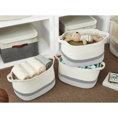 DECOMOMO Cotton Rope Baskets Woven Foldable Storage Bin with Handles | 15”(L) x 11” x 10” (H) | 3 Pack