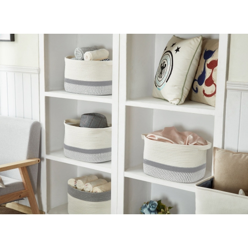 DECOMOMO Cotton Rope Baskets Woven Foldable Storage Bin with Handles | 15”(L) x 11” x 10” (H) | 3 Pack