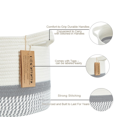 DECOMOMO Cotton Rope Baskets Woven Foldable Storage Bin with Handles | 15”(L) x 11” x 10” (H) | 3 Pack