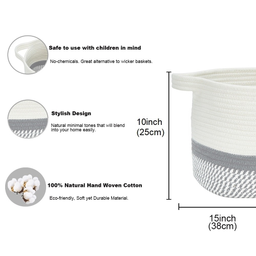 DECOMOMO Cotton Rope Baskets Woven Foldable Storage Bin with Handles | 15”(L) x 11” x 10” (H) | 3 Pack