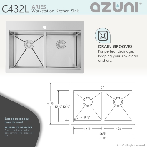 AZUNI 30”L x 20.5”W Top mount double Bowl Stainless Steel Ledge Workstation Kitchen Sink
