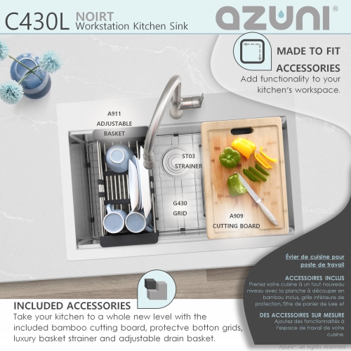 AZUNI 30”L x 20.5”W Top mount Single Bowl Stainless Steel Ledge Workstation Kitchen Sink