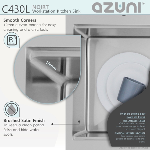 AZUNI 30”L x 20.5”W Top mount Single Bowl Stainless Steel Ledge Workstation Kitchen Sink