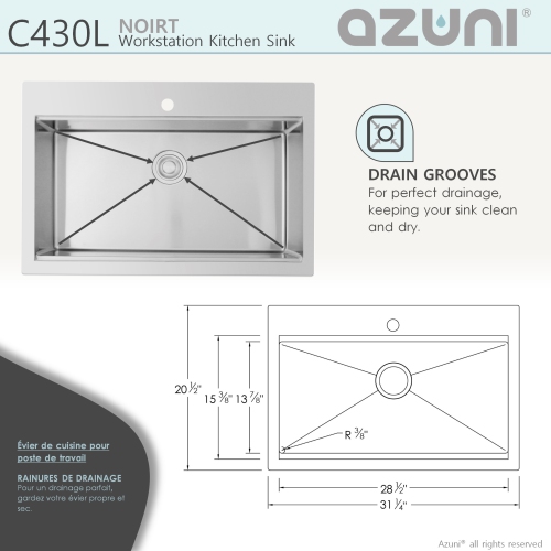 AZUNI 30”L x 20.5”W Top mount Single Bowl Stainless Steel Ledge Workstation Kitchen Sink