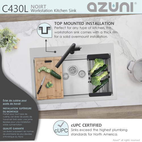 AZUNI 30”L x 20.5”W Top mount Single Bowl Stainless Steel Ledge Workstation Kitchen Sink