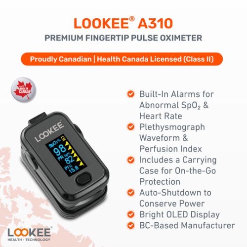 LOOKEE® Premium Pulse Oximeter Finger Monitor | Proudly Canadian | Blood Oxygen Monitor | Medical Grade Accuracy, Alarm & PI | OLED Display | With