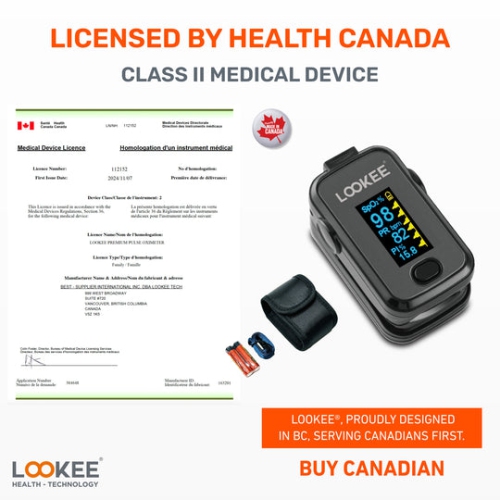 LOOKEE® Premium Pulse Oximeter Finger Monitor | Proudly Canadian | Blood Oxygen Monitor | Medical Grade Accuracy, Alarm & PI | OLED Display | With