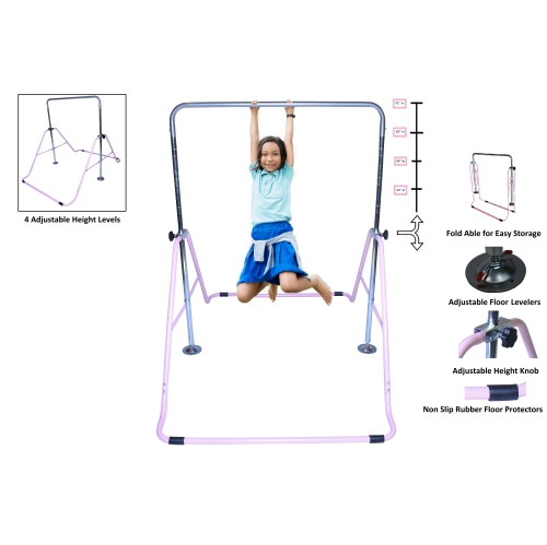 Gymnastics Bar Kids Home Training Kip Bar | 3 in 1 Set w Swing Seat, Trapeze Rings, Expandable Horizontal Bar Folding | Junior Gymnastics Training