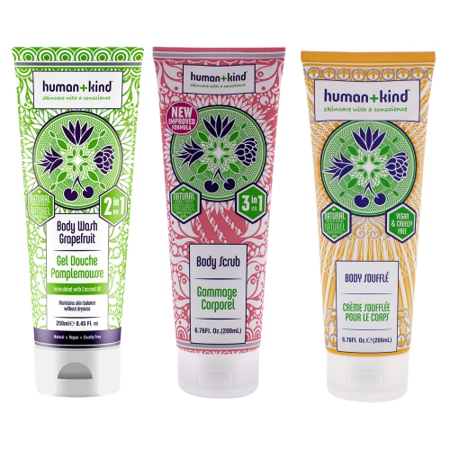 HUMANKIND  Body Wash - Grapefruit And Scrub And Souffle Cream Kit By Human+Kind for Unisex - 3 PC Kit 8.45 OZ Body Wash, 6.76 OZ Scrub, 6.76 OZ Body
