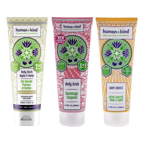 HUMANKIND  Body Wash - Apple And Herbs And Scrub And Souffle Cream Kit By Human+Kind for Unisex - 3 PC Kit 8.45 OZ Body Wash, 6.76 OZ Scrub, 6.76 OZ