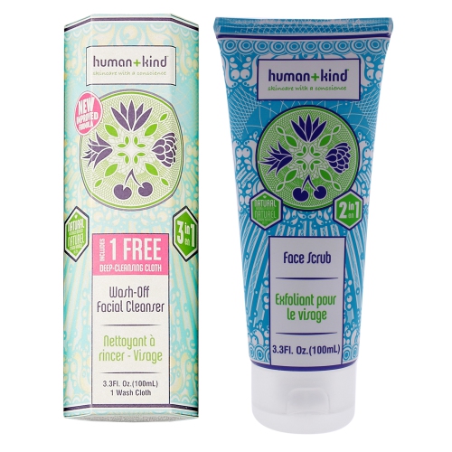 HUMANKIND  Wash-Off Facial Cleanser And Face Scrub Kit By Human+Kind for Unisex - 2 PC Kit 3.38OZ Cleanser, 3.3OZ Scrub