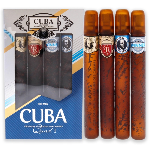 CUBA  Quad I By for Men - 4 PC Gift Set 1.17OZ Edt Spray, 1.17OZ Royal Edt Spray, 1.17OZ Winner Edt Spray, 1.17OZ Shadow Edt Spray In Gold