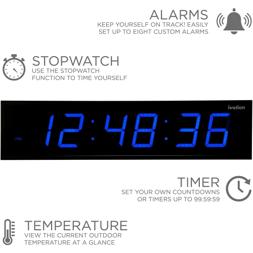 Ivation Huge 36" Inch Large Big Oversized Digital LED Clock with Stopwatch, Alarms, Countdown Timer & Temp - Shelf or Wall Mount | 6-Level