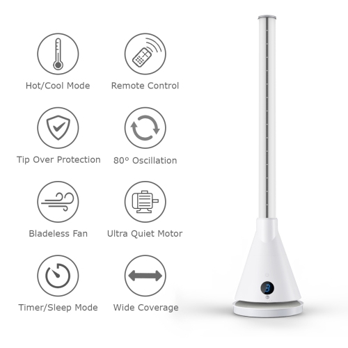 JS DUO 2.0– Ceramic Bladeless Tower Fan – HEATING + COOLING Tower Fan – iOS & Android APP support
