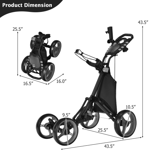 Gymax 4 Wheels Foldable Golf Push Pull Cart Trolley w/ Brake Waterproof Bag