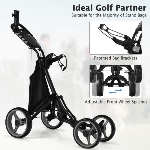 Gymax 4 Wheels Foldable Golf Push Pull Cart Trolley w/ Brake Waterproof Bag