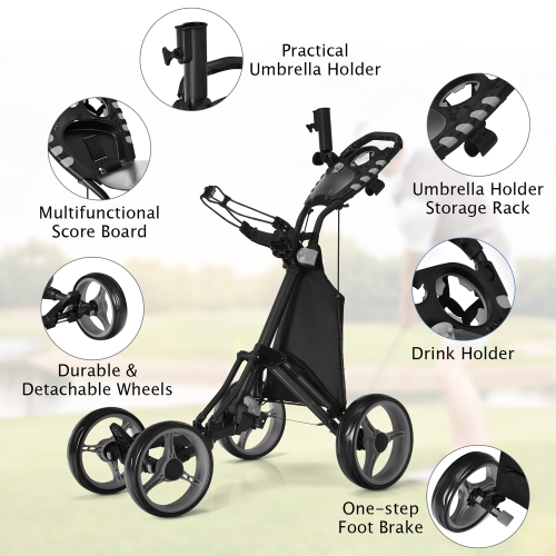 Gymax 4 Wheels Foldable Golf Push Pull Cart Trolley w/ Brake Waterproof Bag