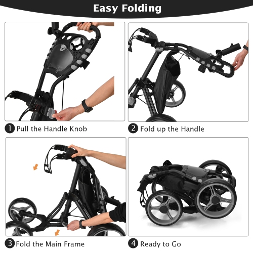 Gymax 4 Wheels Foldable Golf Push Pull Cart Trolley w/ Brake Waterproof Bag