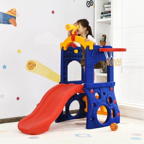 Gymax 6-in-1 Freestanding Kids Slide w/ Basketball Hoop Play Climber Slide Set