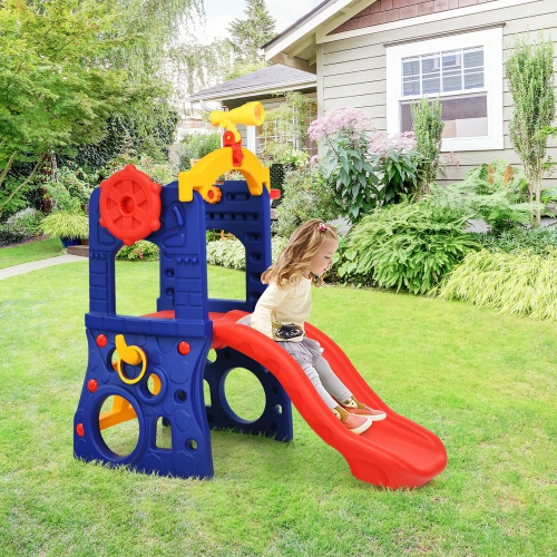 Gymax 6-in-1 Freestanding Kids Slide w/ Basketball Hoop Play Climber Slide Set