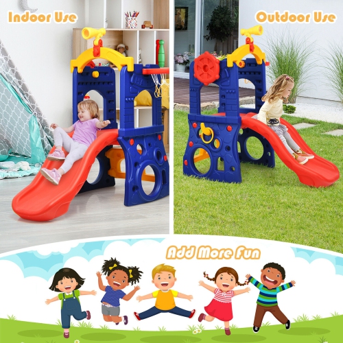Gymax 6-in-1 Freestanding Kids Slide w/ Basketball Hoop Play Climber Slide Set
