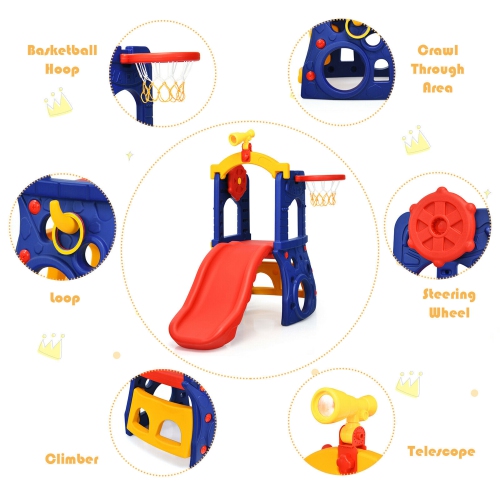 Gymax 6-in-1 Freestanding Kids Slide w/ Basketball Hoop Play Climber Slide Set