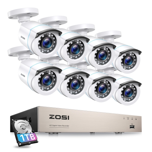 ZOSI  H.265+ 8Ch 5Mp Lite Dvr Home Security Camera System w 1Tb HDD, 8PCs 1080P Bullet Outdoor Surveillance Cameras, 80Ft Night Vision, Motion
