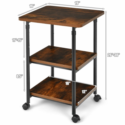 Gymax 3-Tier Rolling Adjustable Printer Cart Machine Stand Storage Rack Brown