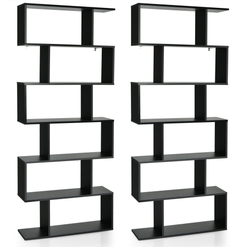 GYMAX  2 PCs 6 Tier S-Shaped Bookshelf Storage Display Bookcase Z-Shelf