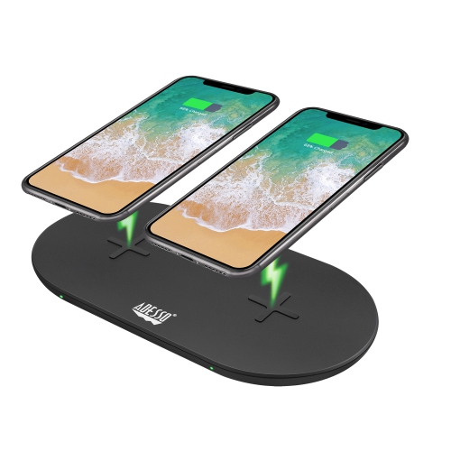 Image 1 of 10.. Adesso 15W Max Qi-Certified Dual Wireless Fast Charging Pad, 2-Coil Design, Simultaneous Charging, Non-Slip, Overcharge Protection, Portable, AC