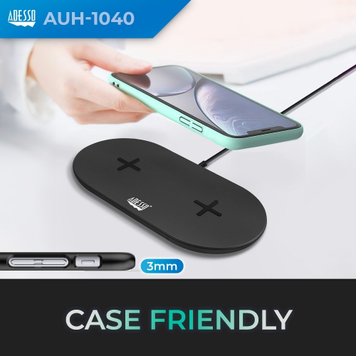 Adesso 15W Max Qi-Certified Dual Wireless Fast Charging Pad, 2-Coil Design, Simultaneous Charging, Non-Slip, Overcharge Protection, Portable, AC